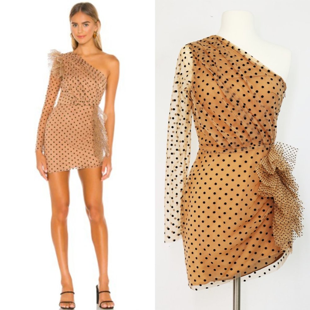 Michael Costello x Revolve Xena Mini Dress Polka Dot Mesh One Shoulder Ruffle S